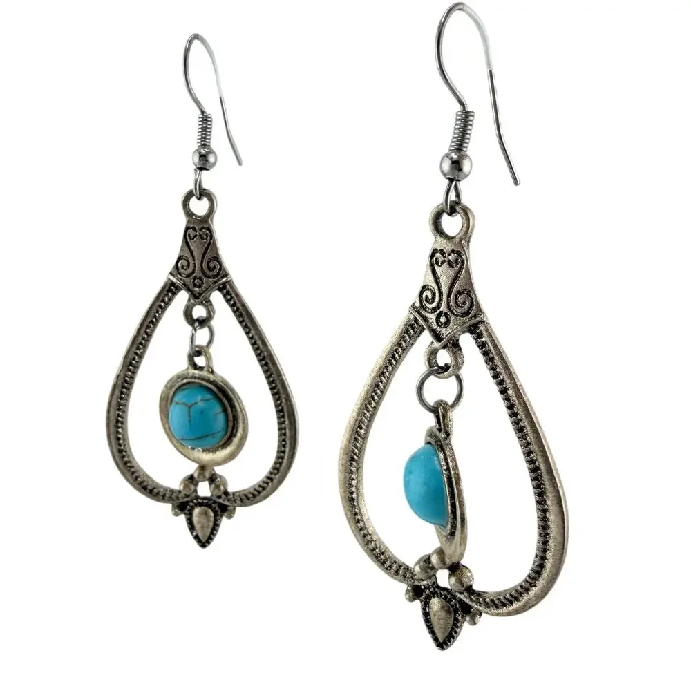Sunnyouth Boho Southwest Style Faux Turquoise Teardrop Silver Tone 2.5